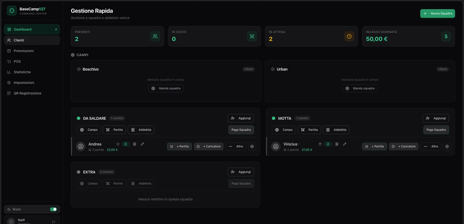 BaseCamp137 dashboard: teams on the field, games and daily takings