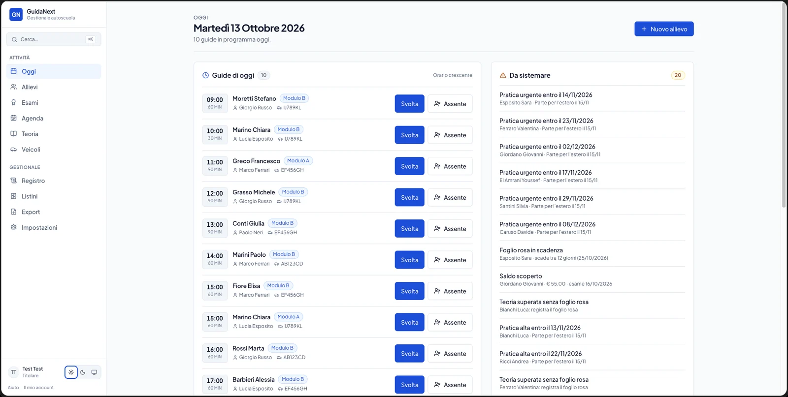 GuidaNext Today screen: the day's lessons and paperwork to sort out
